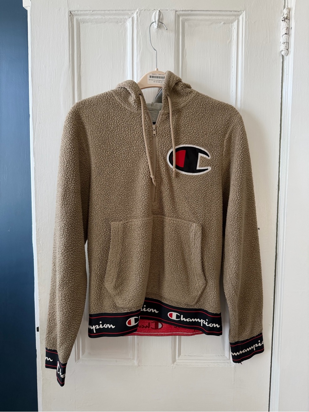 Champion Men's Tan Sherpa Half-Zip Hoodie with Logo Trim